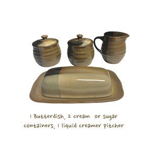Sango China Butter Dish & Creamer Set - 4 Piece Brown & Black Ceramic Set